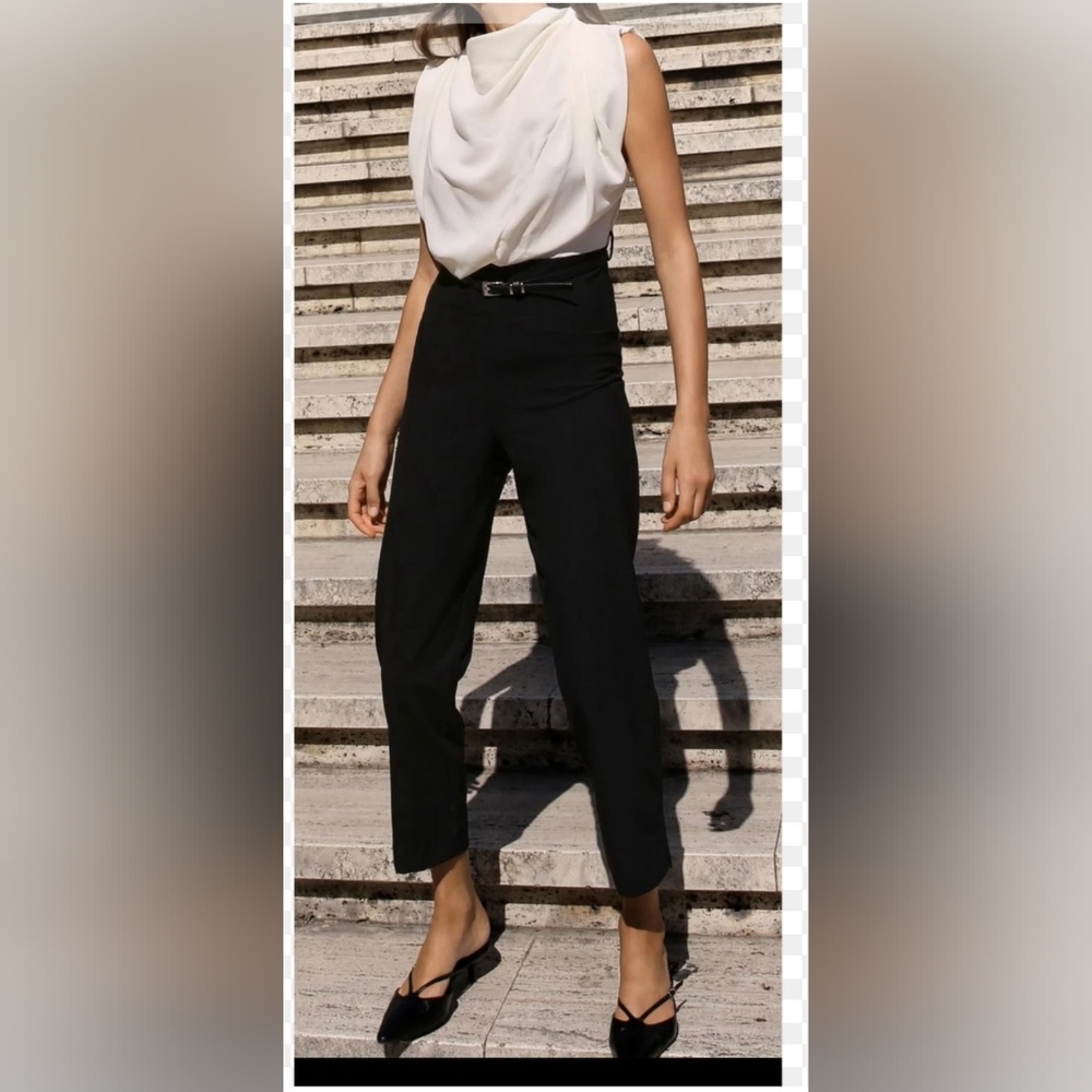 Zara Womens crepe Jumpsuit L Black White Drape Neck Straight Leg One Piece